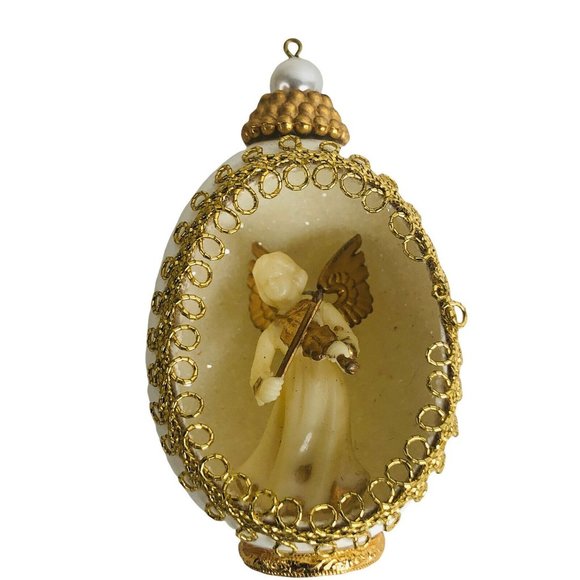 Eggshell Christmas Ornaments Musical Angels Gold Trim Pearl Set of 6 Vintage - Picture 5 of 12